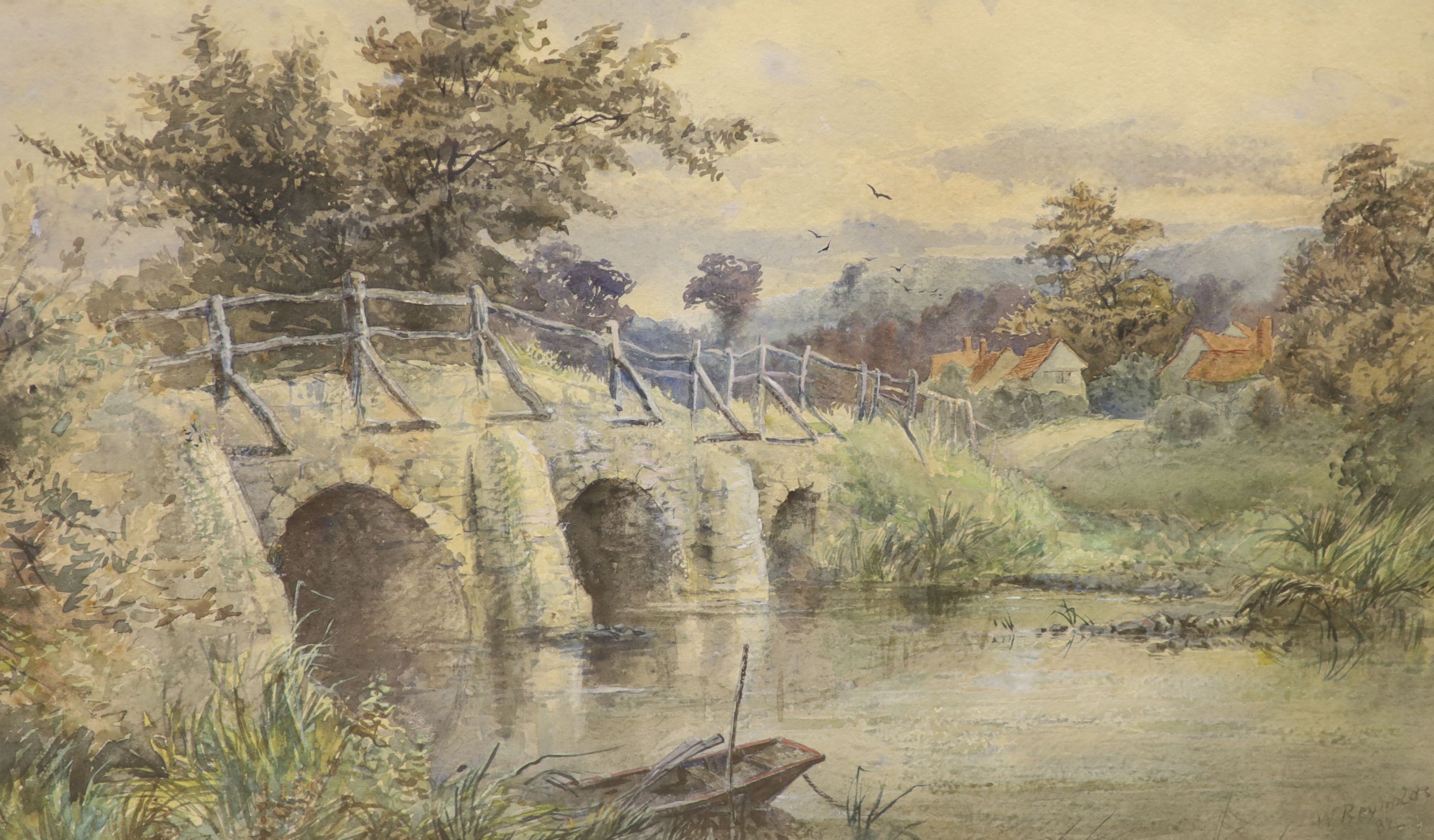 W. Reynolds (19th C.), pair of watercolours, Shepherd and flock on a lane and Stone bridge, signed and dated '82, 36 x 54cm